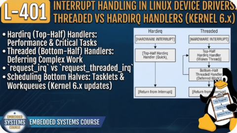 L-401  Interrupt Handling in Linux Device Drivers: Threaded vs Hardirq Handlers (Kernel 6.x), free linux drivers course, learn linux device drivers, linux driver development tutorial, free linux kernel programming, linux device driver training, open source driver development, write linux device drivers, linux kernel driver course, free embedded linux drivers, linux driver tutorial pdf