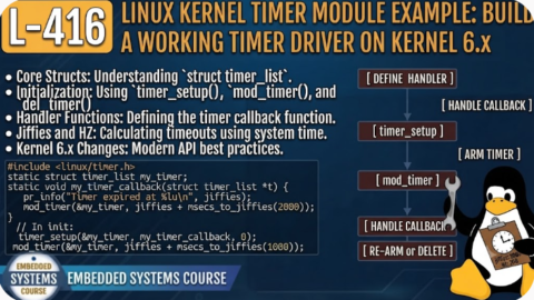 L-416 Linux Kernel Timer Module Example: Build a Working Timer Driver on Kernel 6.x, free linux drivers course, learn linux device drivers, linux driver development tutorial, free linux kernel programming, linux device driver training, open source driver development, write linux device drivers, linux kernel driver course, free embedded linux drivers, linux driver tutorial pdf