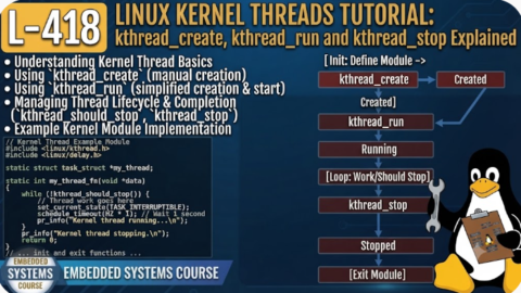 L-418 Linux Kernel Threads Tutorial: kthread_create, kthread_run and kthread_stop Explained, free linux drivers course, learn linux device drivers, linux driver development tutorial, free linux kernel programming, linux device driver training, open source driver development, write linux device drivers, linux kernel driver course, free embedded linux drivers, linux driver tutorial pdf