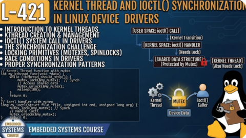 L-421 Kernel Thread and ioctl() Synchronization in Linux Device Drivers, free linux drivers course, learn linux device drivers, linux driver development tutorial, free linux kernel programming, linux device driver training, open source driver development, write linux device drivers, linux kernel driver course, free embedded linux drivers, linux driver tutorial pdf