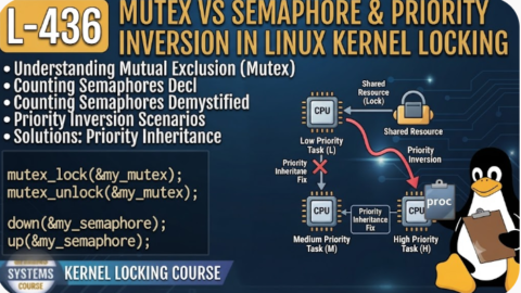 L- 436 Mutex vs Semaphore, and Priority Inversion in Linux Kernel Locking, free linux drivers course, learn linux device drivers, linux driver development tutorial, free linux kernel programming, linux device driver training, open source driver development, write linux device drivers, linux kernel driver course, free embedded linux drivers, linux driver tutorial pdf