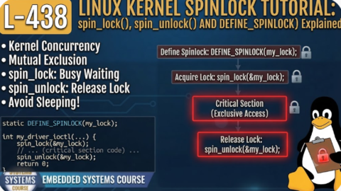 L- 438 Linux Kernel Spinlock Tutorial: spin_lock(), spin_unlock() and DEFINE_SPINLOCK() Explained, free linux drivers course, learn linux device drivers, linux driver development tutorial, free linux kernel programming, linux device driver training, open source driver development, write linux device drivers, linux kernel driver course, free embedded linux drivers, linux driver tutorial pdf
