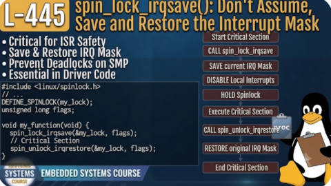 L- 445 spin_lock_irqsave(): Don't Assume, Save and Restore the Interrupt Mask, free linux drivers course, learn linux device drivers, linux driver development tutorial, free linux kernel programming, linux device driver training, open source driver development, write linux device drivers, linux kernel driver course, free embedded linux drivers, linux driver tutorial pdf